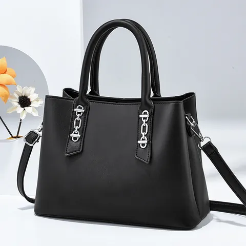 Women Trendy PU Leather Handbag Contrast Color Shoulder Crossbody Bag With Silver Chain Detail Stylish Trapezoid Tote