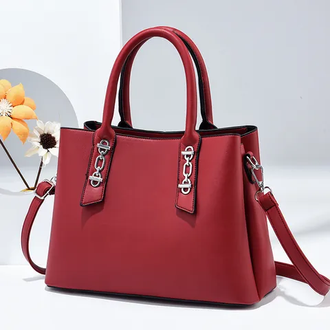 Women Trendy PU Leather Handbag Contrast Color Shoulder Crossbody Bag With Silver Chain Detail Stylish Trapezoid Tote