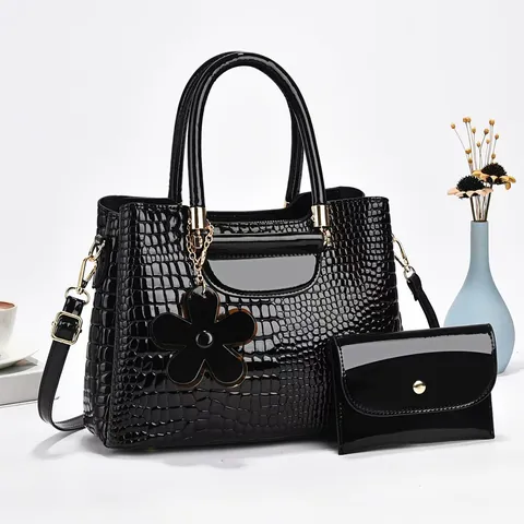 Sac à Main Et Portefeuille Femme en Cuir Verni Motif Crocodile Bandoulière Matériel Doré Pendentif Fleur Élégant