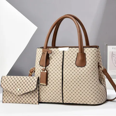 Damen PU Leder Tote Bag Set Mit Beutel 2 Teilig Große Kapazität Karomuster Great Wall Muster Schulterhandtasche Alltag