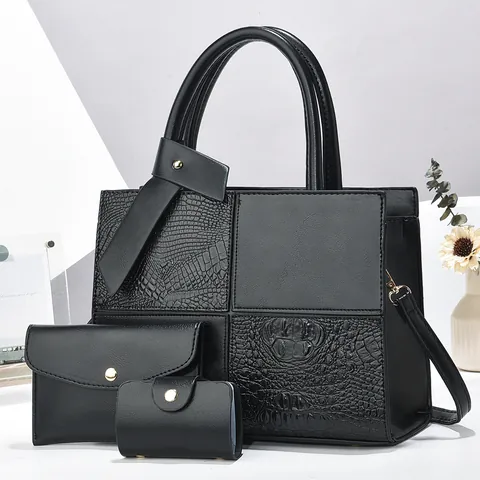 Women Fashion Tote Bag Handbag And Small Purse Crocodile Pattern Patchwork PU Leather Large Capacity Shoulder Bag Casual Bag