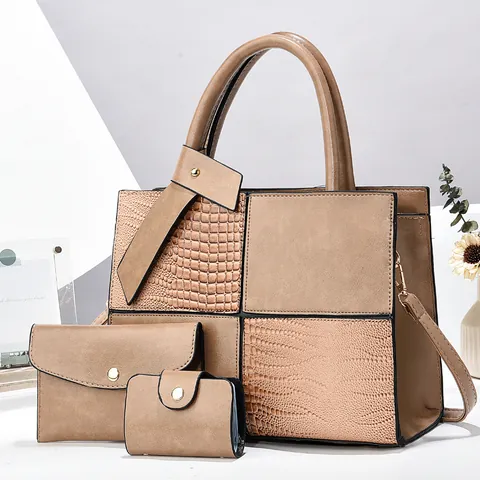 Vintage Women Handbag Set PU Leather Splicing Crocodile Pattern Tote Bag With Clutch And Card Holder Commuter Shoulder Bag