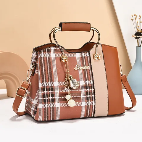 Women Plaid PU Leather Handbag Color Block Patchwork Shoulder Crossbody Bag With Metal Handle Artificial Pearl Tassel Charm For Daily Office
