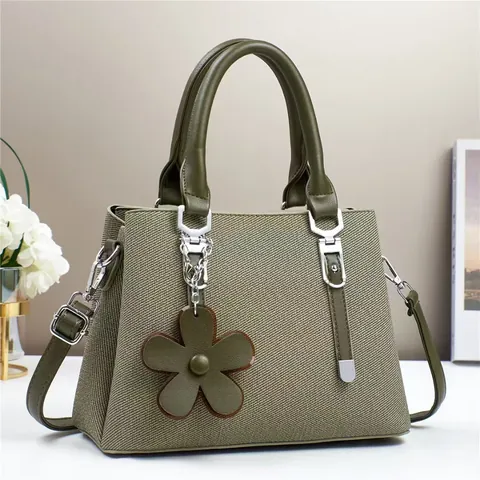 Sac à Main Femme en Cuir PU Texture Tissée Avec Pendentif Fleur Sac à Bandoulière Grande Capacité Pour Trajet Quotidien