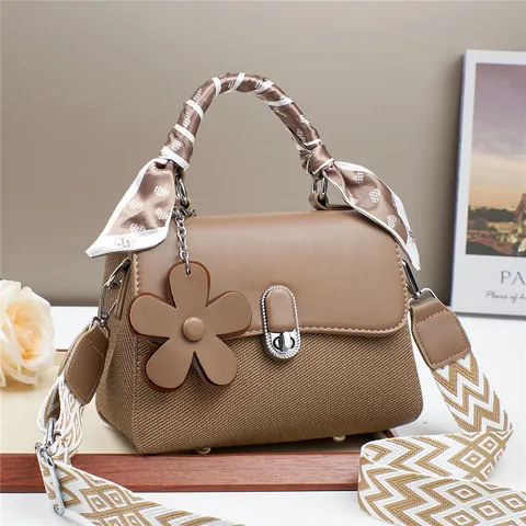 Women Fashion PU Leather Fabric Patchwork Square Handbag Elegant Top Handle Bag With Scarf Flower Pendant Wide Strap Bag