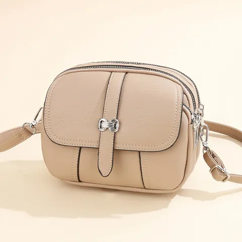 Women Litchi Pattern PU Crossbody Bag Triple Zipper Shoulder Bag With Bow Buckle Adjustable Strap Fashion Handbag
