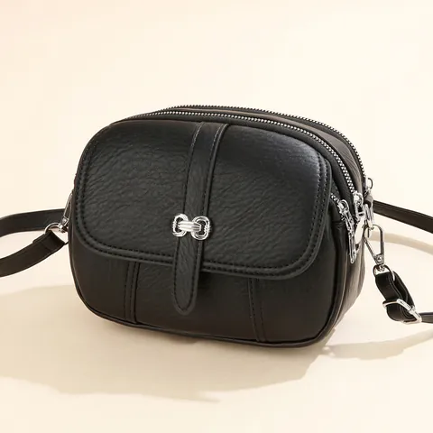 Women Litchi Pattern PU Crossbody Bag Triple Zipper Shoulder Bag With Bow Buckle Adjustable Strap Fashion Handbag