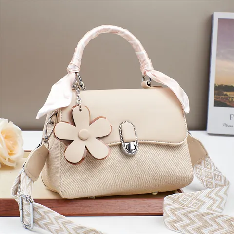 Women Fashion PU Leather Fabric Patchwork Square Handbag Elegant Top Handle Bag With Scarf Flower Pendant Wide Strap Bag