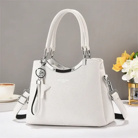 Bolso de Mano de Cuero PU con Patrón de Litchi para Mujer Gran Capacidad Bolso de Hombro Simple con Colgante de Estrella para Uso Diario