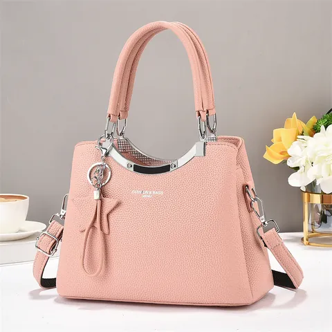 Bolso de Mano de Cuero PU con Patrón de Litchi para Mujer Gran Capacidad Bolso de Hombro Simple con Colgante de Estrella para Uso Diario