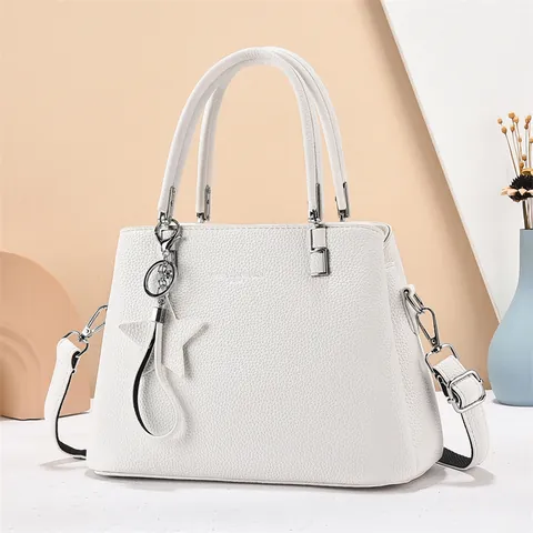 Women Fashion Lychee Pattern PU Leather Handbag Large Capacity Crossbody Tote Bag With Star Charm Adjustable Strap For Daily Use