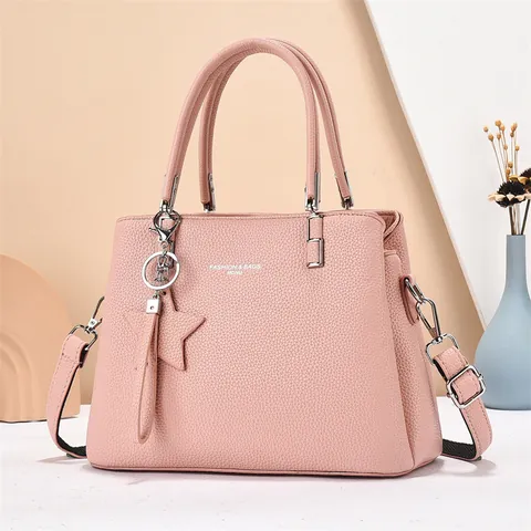 Women Fashion Lychee Pattern PU Leather Handbag Large Capacity Crossbody Tote Bag With Star Charm Adjustable Strap For Daily Use