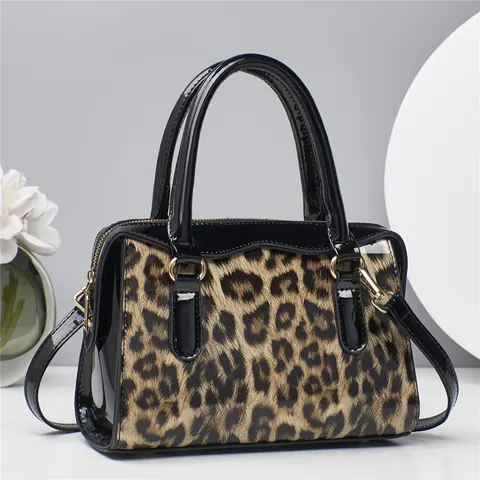 Women Stylish Leopard Print Handbag PU Patent Leather Trim Boston Bag Crossbody Shoulder Bag With Detachable Strap Satchel