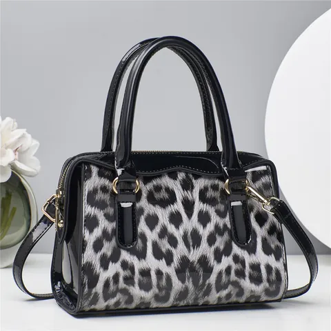 Women Stylish Leopard Print Handbag PU Patent Leather Trim Boston Bag Crossbody Shoulder Bag With Detachable Strap Satchel