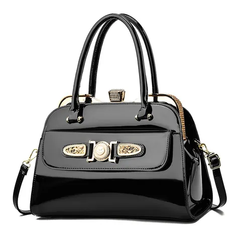Luxury Patent PU Leather Handbag For Women Rhinestone Glossy Large Capacity Doctor Bag With Gold Hardware Shoulder Crossbody Bag Elegant Party Tote