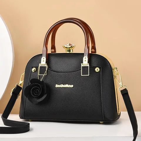 Women Elegant Shell Bag PU Leather Handbag With Amber Resin Handle Rose Pendant Rhinestone Lock Fashion Crossbody Shoulder Bag