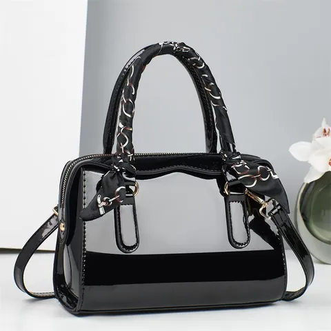 Damen Lackleder Kissentasche Glänzend Vintage Umhängetasche Mit Satin-Schal-Dekor Große Kapazität Boston Tasche Handtasche