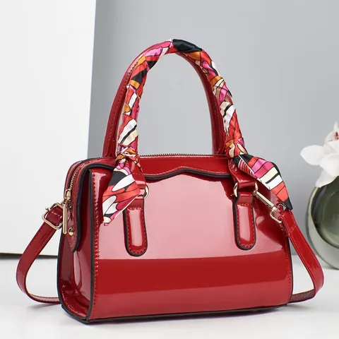 Damen Lackleder Kissentasche Glänzend Vintage Umhängetasche Mit Satin-Schal-Dekor Große Kapazität Boston Tasche Handtasche