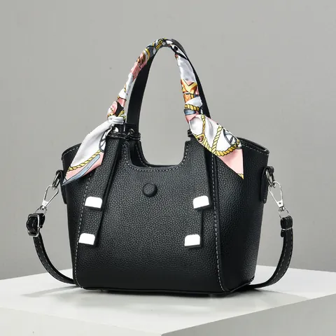 Damen Mode PU Leder Korbtasche Litschi Muster Umhängetasche Mit Seidenschal Dekor Vielseitige Lässige Tote Schultertasche