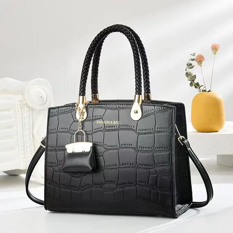 Damen Handtasche Mit Krokodil-Prägung PU Leder Mode Geflochtener Griff Tote Mit Mini-Anhänger Verstellbarer Schultergurt