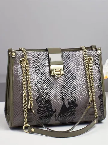 Damen Vintage Schlangenmuster Geprägt Tote Bag Luxus PU Leder Handtasche Mit Goldkette Schultergurt Mode Pendlertasche