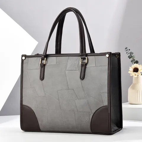 Women Tote Bag Geometric Patchwork PU Leather Shoulder Handbag Large Capacity Colorblock For Commuting Urban Style