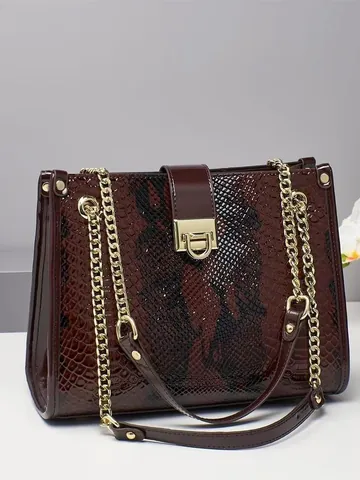 Damen Vintage Schlangenmuster Geprägt Tote Bag Luxus PU Leder Handtasche Mit Goldkette Schultergurt Mode Pendlertasche
