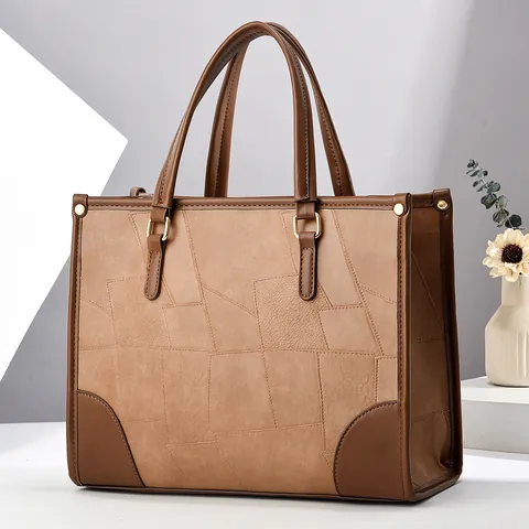 Women Tote Bag Geometric Patchwork PU Leather Shoulder Handbag Large Capacity Colorblock For Commuting Urban Style