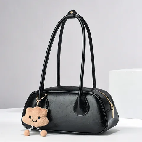 Women Vintage PU Leather Shoulder Bag Wrinkled Texture Underarm Bag With Plush Pendant Zipper Minimalist Handbag