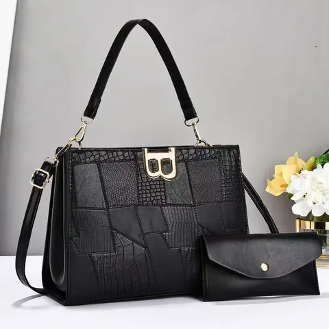 Crocodile Pattern Stitching PU Leather Handbag Set With Gold B Buckle Women Large Capacity Tote Crossbody Bag Daily Office