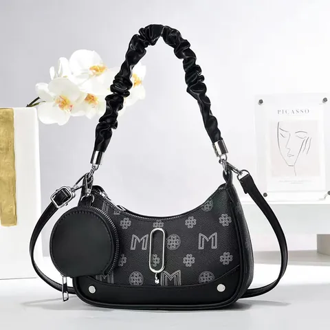 Vintage PU Leather Monogram Underarm Bag For Women Ruffled Handle Crescent Hobo Bag With Round Coin Purse Daily Fashion Shoulder Bag