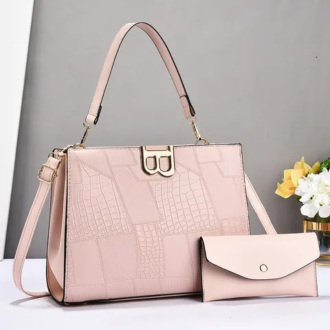 Crocodile Pattern Stitching PU Leather Handbag Set With Gold B Buckle Women Large Capacity Tote Crossbody Bag Daily Office