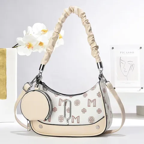 Vintage PU Leather Monogram Underarm Bag For Women Ruffled Handle Crescent Hobo Bag With Round Coin Purse Daily Fashion Shoulder Bag