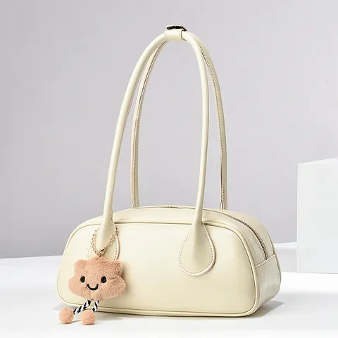 Women Vintage PU Leather Shoulder Bag Wrinkled Texture Underarm Bag With Plush Pendant Zipper Minimalist Handbag
