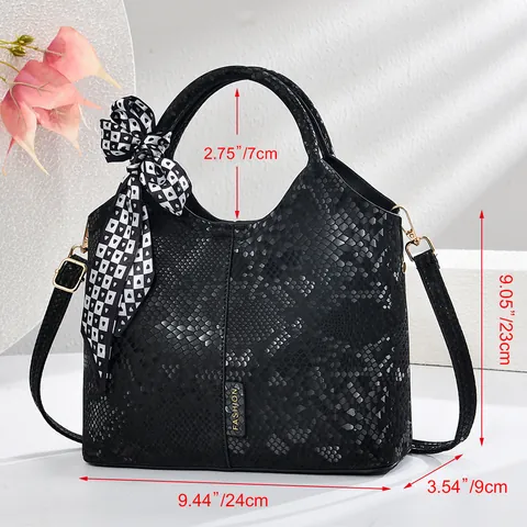 Sac à Main Femme en Cuir PU Motif Serpent Avec Décoration Foulard Accessoires Dorés Sac Bandoulière Seau Quotidien Voyage