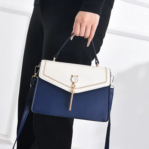 Bolso Bandolera De Cuero PU En Color De Contraste Para Mujer Bolso De Mano De Moda Con Borla De Metal Y Oreja De Gato Pequeño Bolso Cuadrado