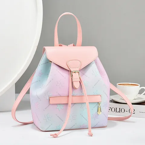 Mochila de Cuero PU con Degradado de Color Macaron para Mujer Estampado Floral de Estrellas Viaje Casual Moda Mochila Pequeña