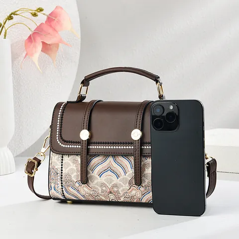 Retro Spleißen Jacquard Damen Kleine Quadratische Tasche PU Leder Stickerei Schulter Umhängetasche Mit Verstellbarem Gurt Tragegriff