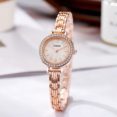 Elegant Women Quartz Watch Rhinestone Inlay Mother Of Pearl Dial Alloy Slim Chain Strap Analog Ladies Fashion Jewelry Watch