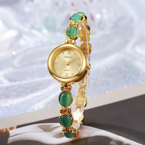 Reloj de Pulsera Joyería de Lujo para Mujer Aleación de Oro Cuarzo Números Romanos Piedras de Ojo de Gato Elegante Moda