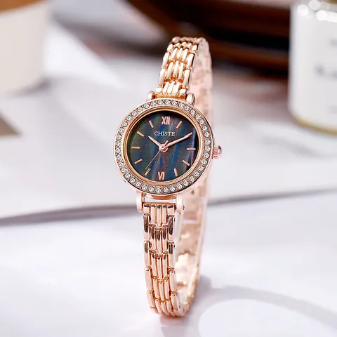 Elegant Women Quartz Watch Rhinestone Inlay Mother Of Pearl Dial Alloy Slim Chain Strap Analog Ladies Fashion Jewelry Watch