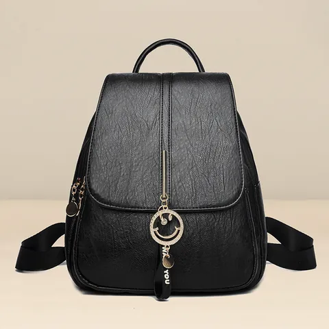 Fashion Women PU Leather Backpack Large Capacity Contrast Color School Bag With Cute Cat Smile Charm Streetwear Travel Daypack