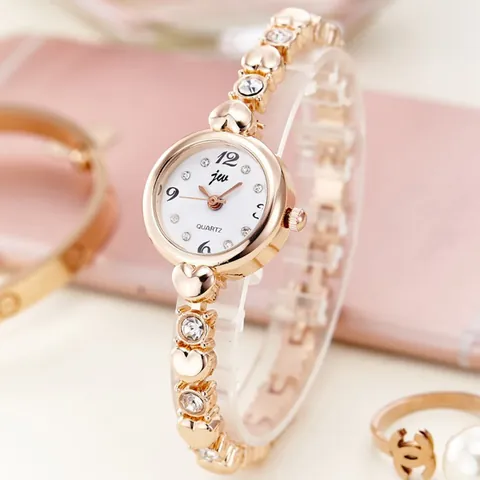 Women Fashion Heart Shaped Bracelet Watch Rhinestone Inlaid Stainless Steel Slim Band Quartz Wristwatch Elegant Jewelry Watch
