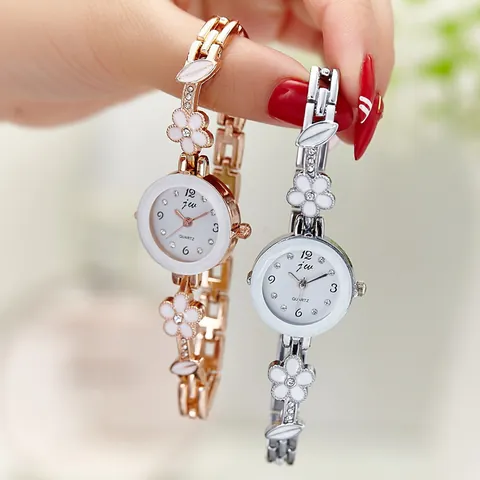 Damen Blumen Armbanduhr Edelstahl Armband Legierung Gehäuse Strass Akzente Emaille Blume Damen Quarzuhr
