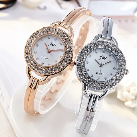 Women Fashion Quartz Wristwatch Elegant Rhinestone Double Bezel Alloy Case Stainless Steel Bangle Strap Jewelry Dress Watch For Lady