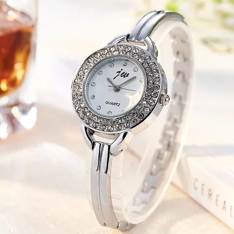 Women Fashion Quartz Wristwatch Elegant Rhinestone Double Bezel Alloy Case Stainless Steel Bangle Strap Jewelry Dress Watch For Lady