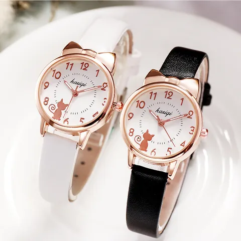 Cute Cat Ear Women Quartz Watch With PU Leather Strap Rose Gold Alloy Case Fashion Wristwatch For Girls Daily Wear
