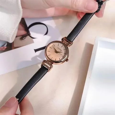 Women Fashion Quartz Watch Minimalist Round Dial Leather Strap Elegant Ladies Wristwatch Analog Timepiece Rhinestone Accents