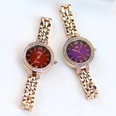 Elegant Women Quartz Watch Rhinestone Bezel Gradient Round Dial Alloy Chain Link Strap Minimalist Dress Fashion Wristwatch