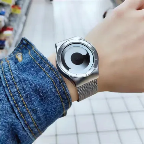 Modern Minimalist Vortex No Pointer Quartz Watch With Stainless Steel Mesh Band Alloy Case Artistic Gradient Dial Fashion Wristwatch